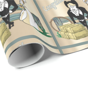 Western Cartoon Wedding Couple Ranch Scene Wrapping Paper