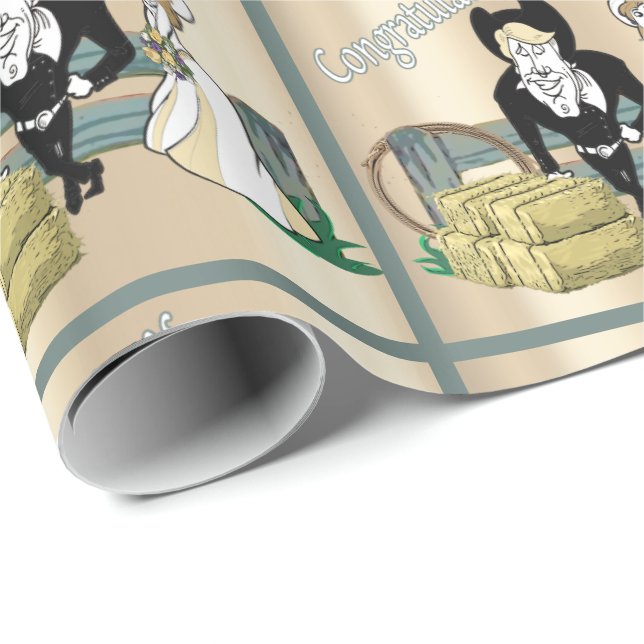 Western  Cartoon Wedding Couple Ranch Scene Wrapping Paper (Roll Corner)