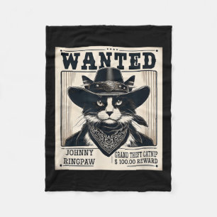 Western Cat Cowboy Mugshot Wanted Fleece Blanket