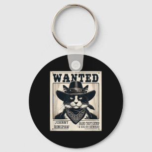 Western Cat Cowboy Mugshot Wanted  Key Ring