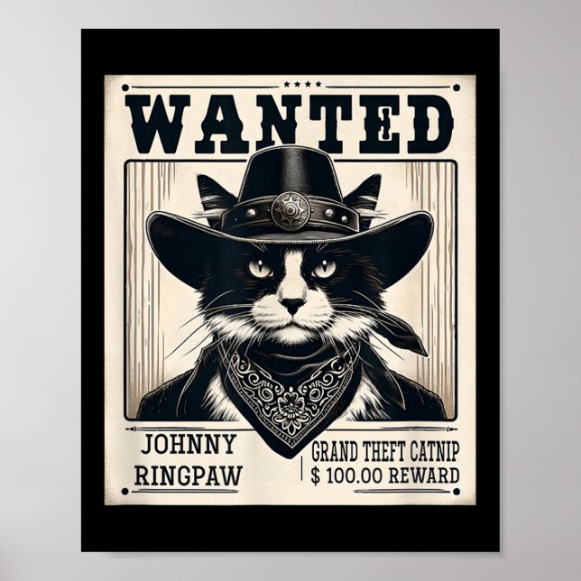 Western Cat Cowboy Mugshot Wanted  Poster (Front)