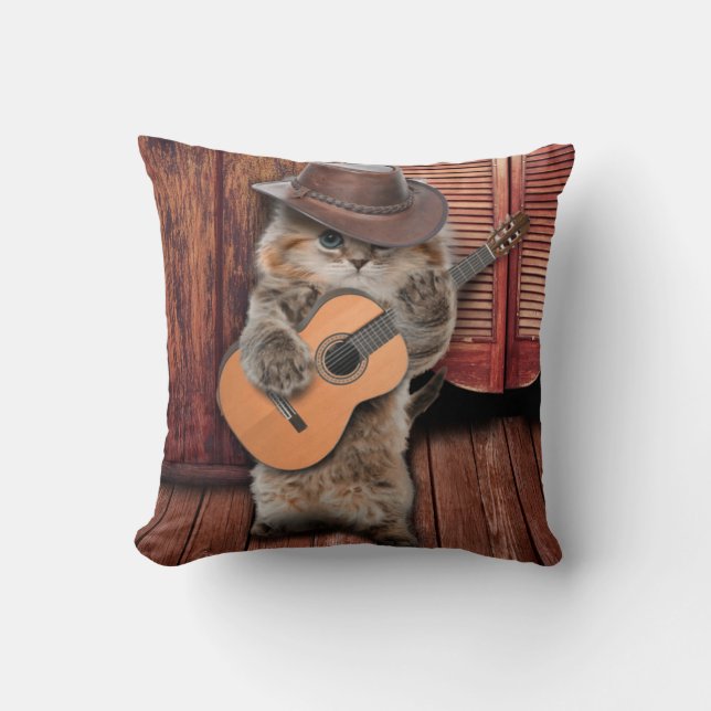 Western Cat cowboy musician with guitar Cushion (Front)
