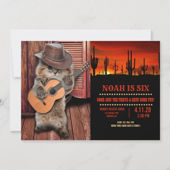 Western Cat cowboy musician with guitar Invitation (Front)