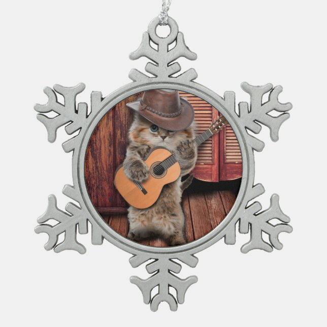Western Cat cowboy musician with guitar Snowflake Pewter Christmas Ornament (Front)