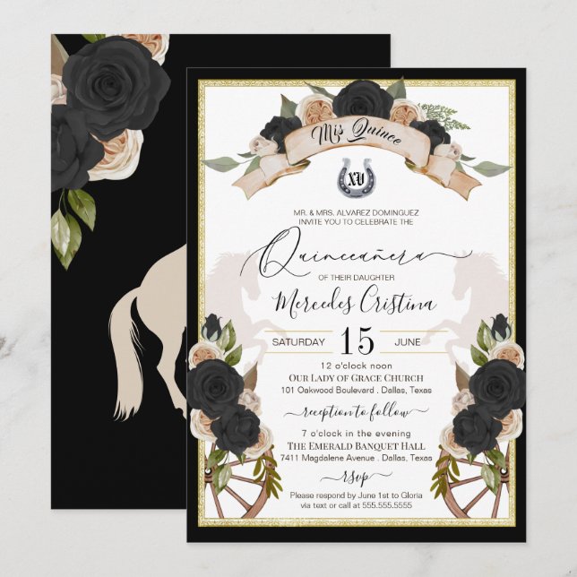Western Charro Black Roses & Horses Quinceanera Invitation (Front/Back)