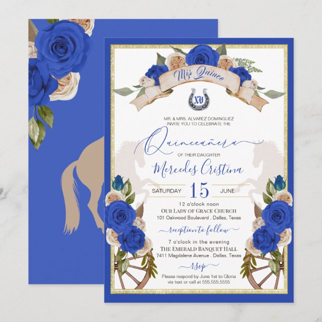Western Charro Blue Rose Floral Horses Quinceanera Invitation (Front/Back)