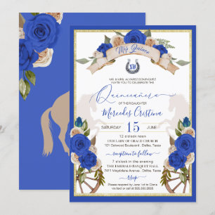 Western Charro Blue Rose Floral Horses Quinceanera Invitation