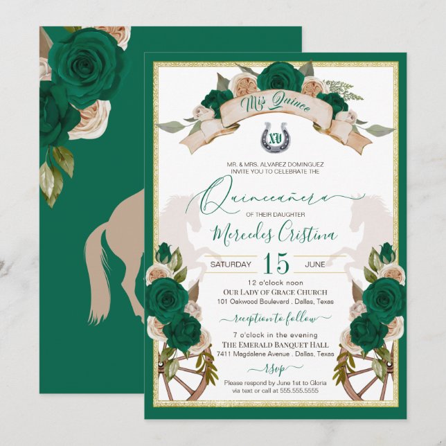 Western Charro Emerald Green Roses Quinceanera Invitation (Front/Back)