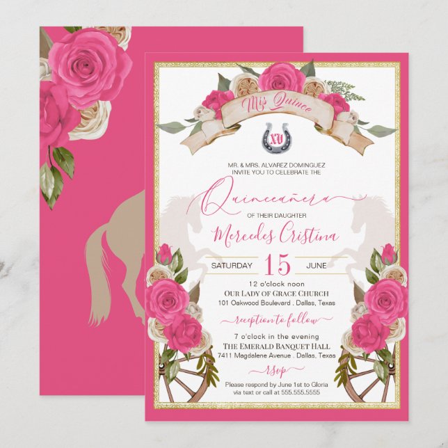 Western Charro Pink Roses Horse Quinceañera Invitation (Front/Back)