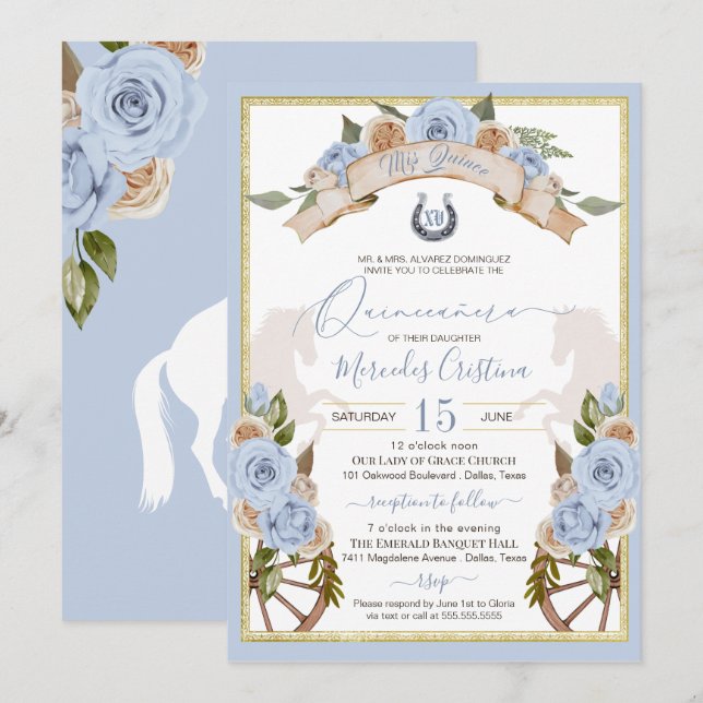 Western Charro Powder Light Blue Horse Quinceanera Invitation (Front/Back)