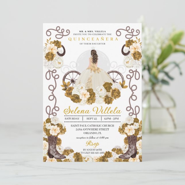 Western Charro Princess Ivory & Gold Quinceañera Invitation (Standing Front)