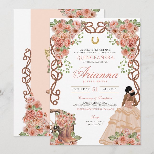 Western Charro Quinceañera Rose Gold Blush Floral Invitation (Front/Back)