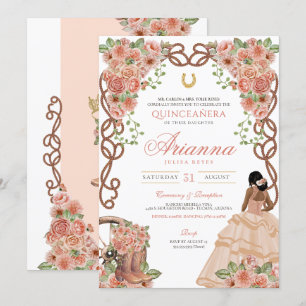 Western Charro Quinceañera Rose Gold Blush Floral Invitation