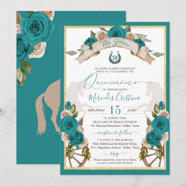 Western Charro Turquoise Teal Roses Quinceanera Invitation (Front/Back)