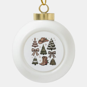 Western Christmas Coquette Bow Cowboy Cowgirl Boot Ceramic Ball Christmas Ornament
