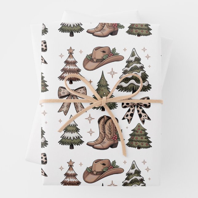 Western Christmas Coquette Bow Cowboy Cowgirl Boot Wrapping Paper Sheet (In situ)