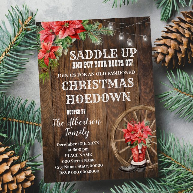 Western Christmas Country Boots Poinsettia Party Invitation (Creator Uploaded)