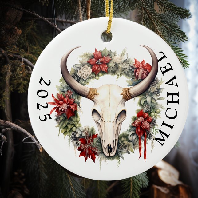 Western Christmas Cow Skull Monogram  Ceramic Tree Decoration (Creator Uploaded)