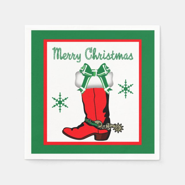 Western Christmas Cowboy Boot Merry Christmas Napkin (Front)