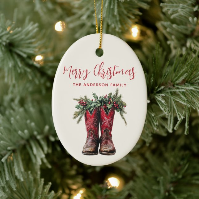 Western Christmas Cowboy Boots Custom Photo Ceramic Tree Decoration (Tree)