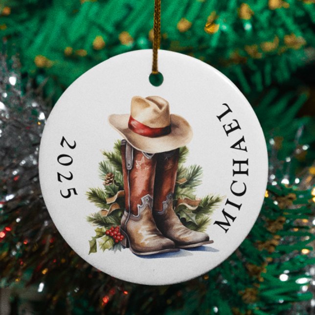 Western Christmas Cowboy Boots Hat Name Ceramic Tree Decoration (Creator Uploaded)
