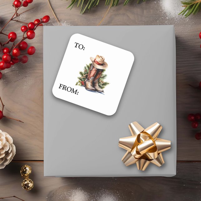 Western Christmas Cowboy Boots Hat Square Sticker (Creator Uploaded)