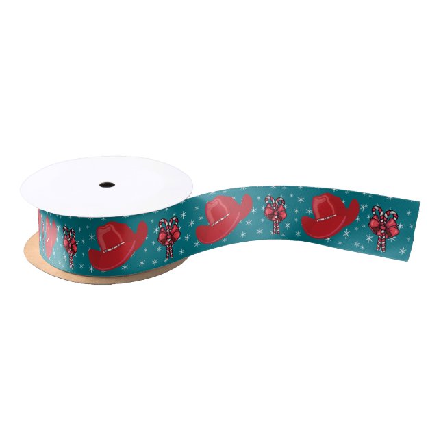 Western Christmas Cowboy Hats And Candy Canes 1.5 Satin Ribbon (Spool)