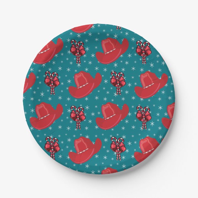 Western Christmas Cowboy Hats And Candy Canes Paper Plate (Front)