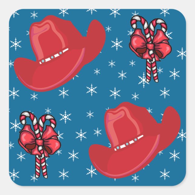 Western Christmas Cowboy Hats And Candy Canes Square Sticker (Front)