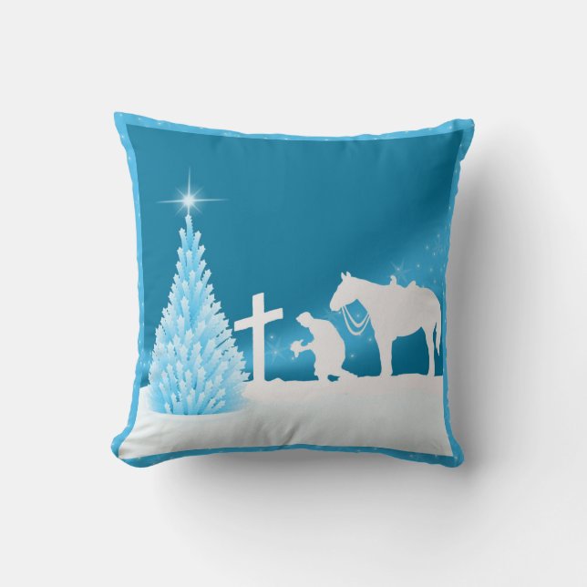Western Christmas Cowboy Praying Winter Scene Cushion (Front)