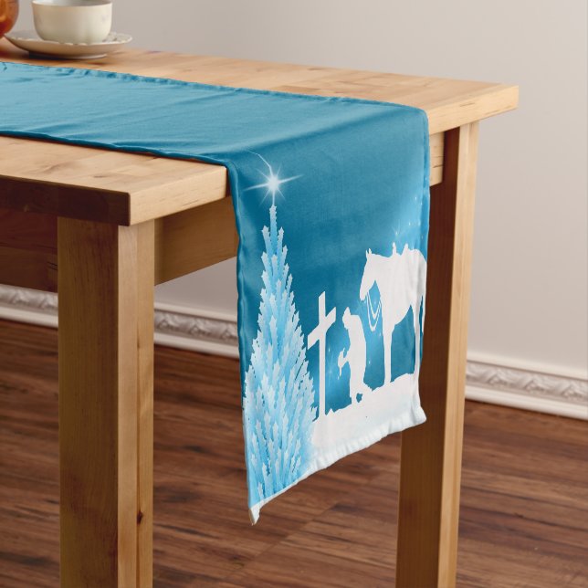 western Christmas Cowboy Praying Winter Scene Short Table Runner (In Situ)