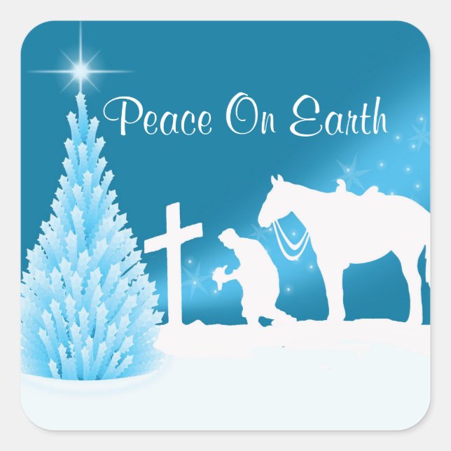 Western Christmas Cowboy Praying Winter Scene Square Sticker (Front)