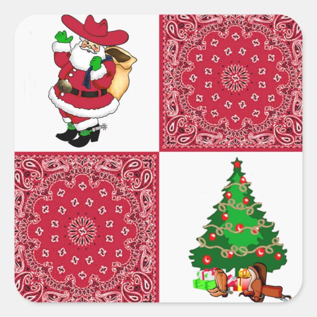 Western Christmas Cowboy Santa With Christmas Tree Square Sticker (Front)