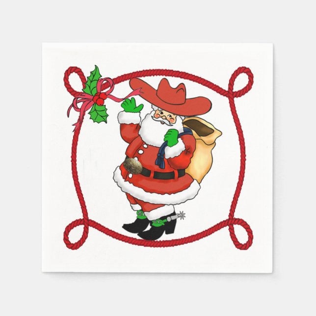 Western Christmas Cowboy Santa With Rope Border Napkin (Front)