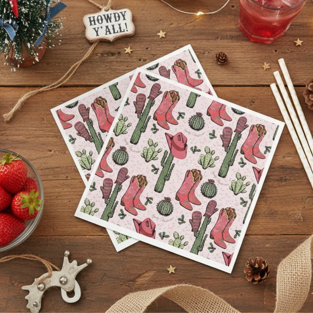 Western Christmas Cowgirl Boots Howdy Christmas Napkin (Western Howdy Christmas Pink Paper Napkins. Pink & Red Xmas Cowgirl Boots, Succulents, Cacti)