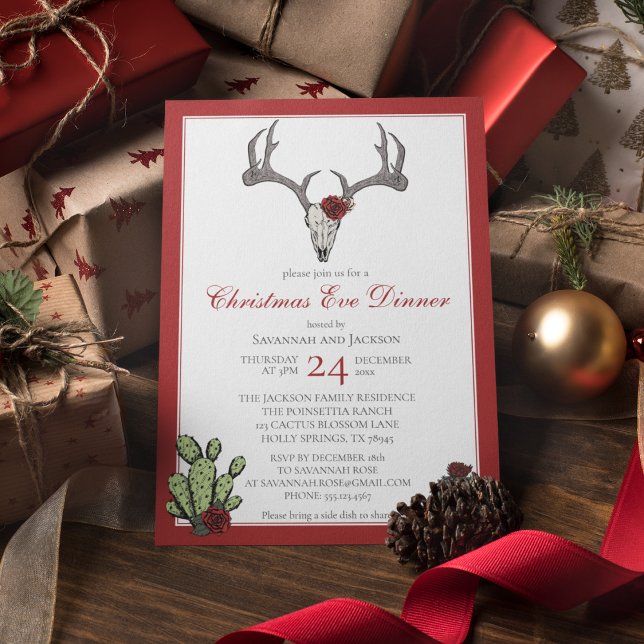 Western Christmas Dinner Reindeer Antlers & Cactus Invitation (Western Christmas Eve Dinner Party Invites. Hand-Drawn Reindeer Skull, Antlers, RedRoses & Cacti.)