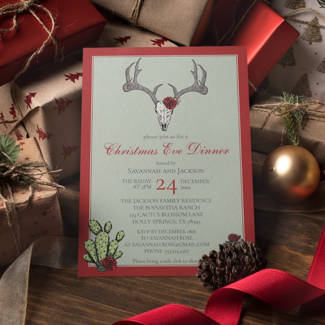 Western Christmas Dinner Reindeer Antlers & Cactus Invitation (Western Christmas Eve Dinner Party Invites. Hand-Drawn Reindeer Skull, Antlers, RedRoses & Cacti.)