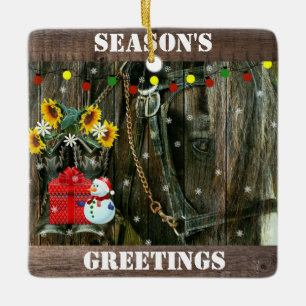 Western Christmas Frosty the Snowman And Horse Ceramic Ornament