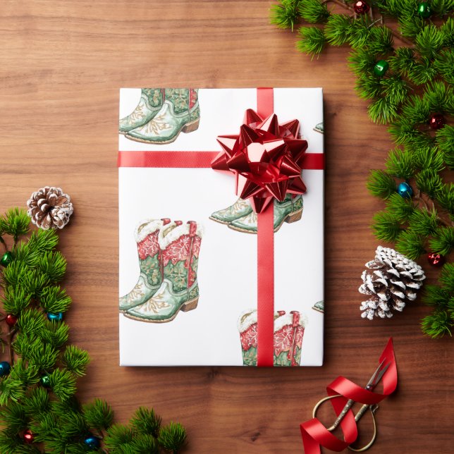 Western Christmas Green Red Cowboy Cowgirl Boots Wrapping Paper (Holiday Gift)