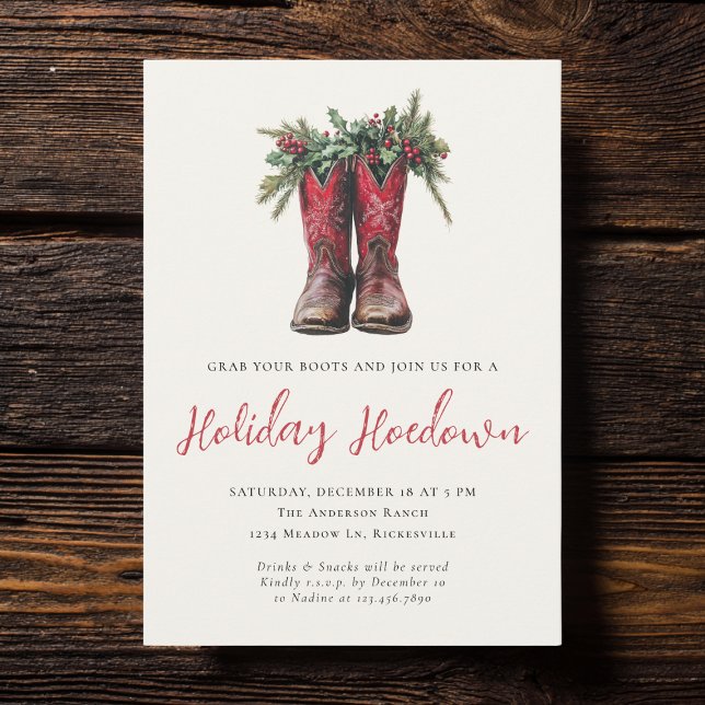 Western Christmas Hoedown Party Boots Holiday Invitation (Creator Uploaded)