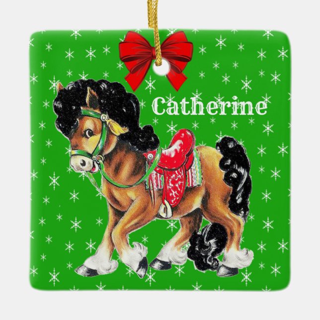 Western Christmas Little Horse Pony With Saddle Ceramic Ornament (Front)