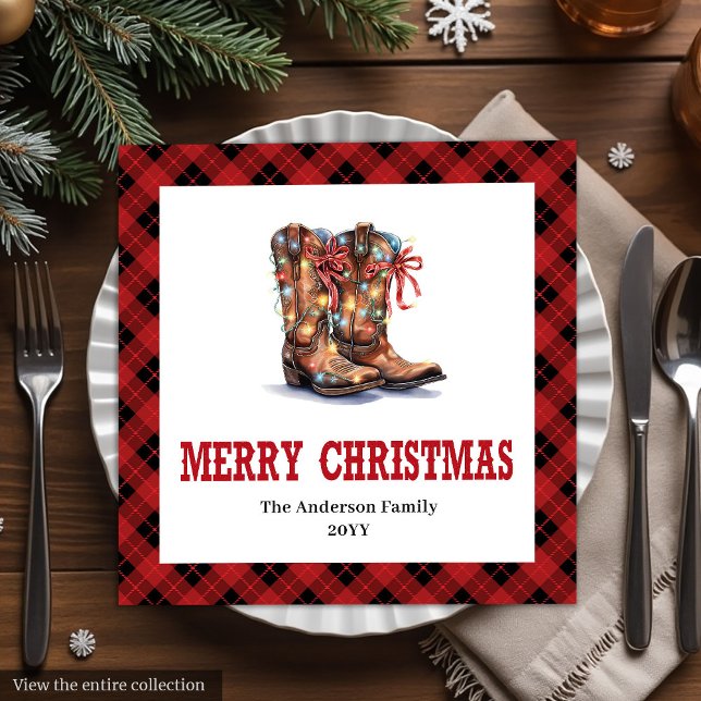 Western Christmas napkins red black buffalo plaid (Western Christmas paper napkins,
Classic red and green tableware,
Editable Printable digital downloa)