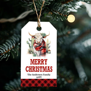 Western Christmas plaid editable tags highland cow