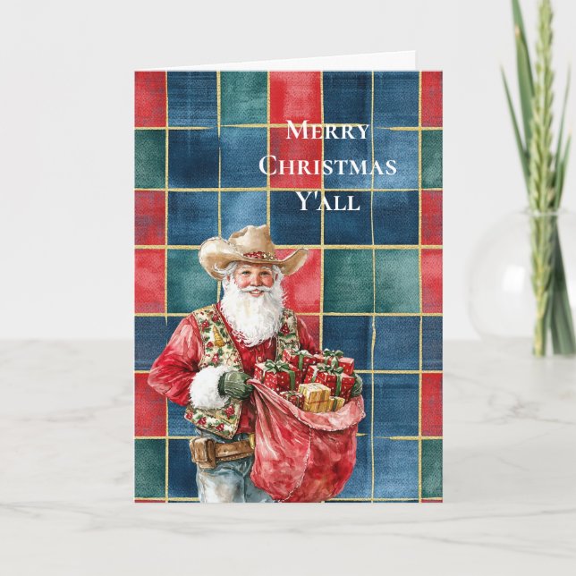 Western Christmas Red Blue Green Cowboy Santa Card (Front)