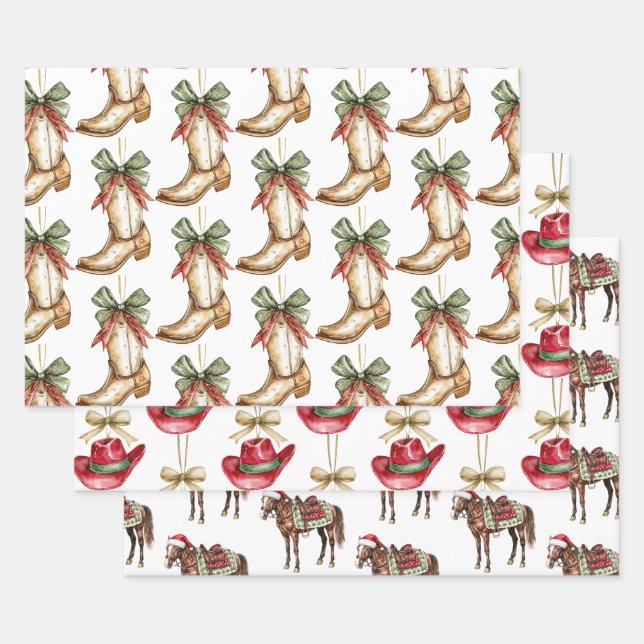Western Christmas Red Cowboy Cowgirl Boot Wrapping Paper Sheet (Set)