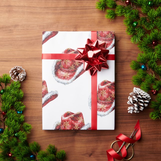 Western Christmas Red Cowboy Cowgirl Hat Wrapping Paper (Holiday Gift)