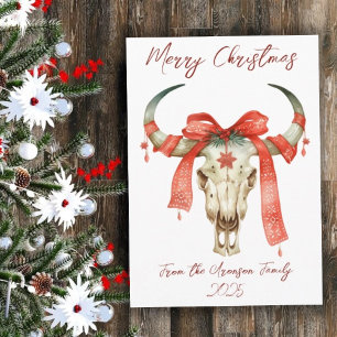 Western Christmas Red Ribbon Cattle Skull Holiday Card