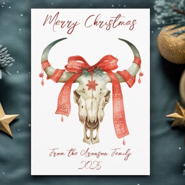 Western Christmas Red Ribbon Cattle Skull Holiday Postcard (Creator Uploaded)