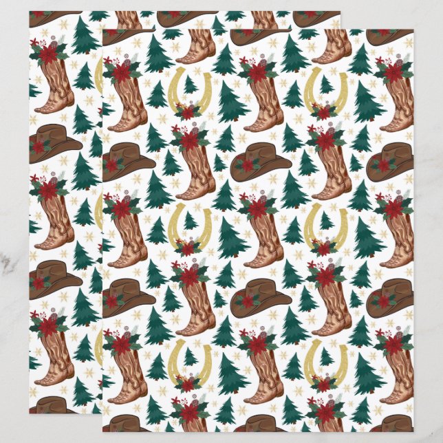 Western Christmas Scrapbook Paper in White (Front/Back)
