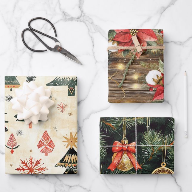 Western Christmas Tree Branches Poinsettia Floral Wrapping Paper Sheet (Front)